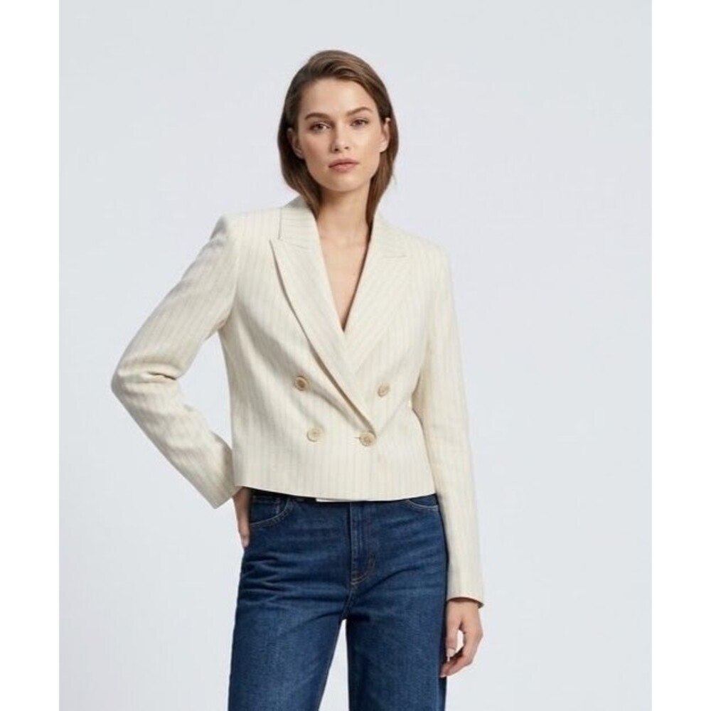 Zara $129  s small Cropped double breasted Blazer White Pinstriped jacket